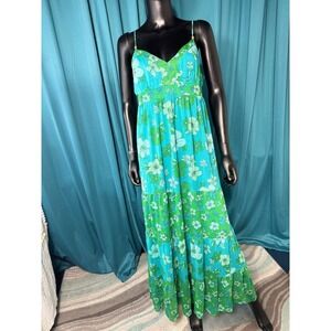 Guess Jeans Maxi Dress L Floral Green Blue Sleeveless Tiered Summer